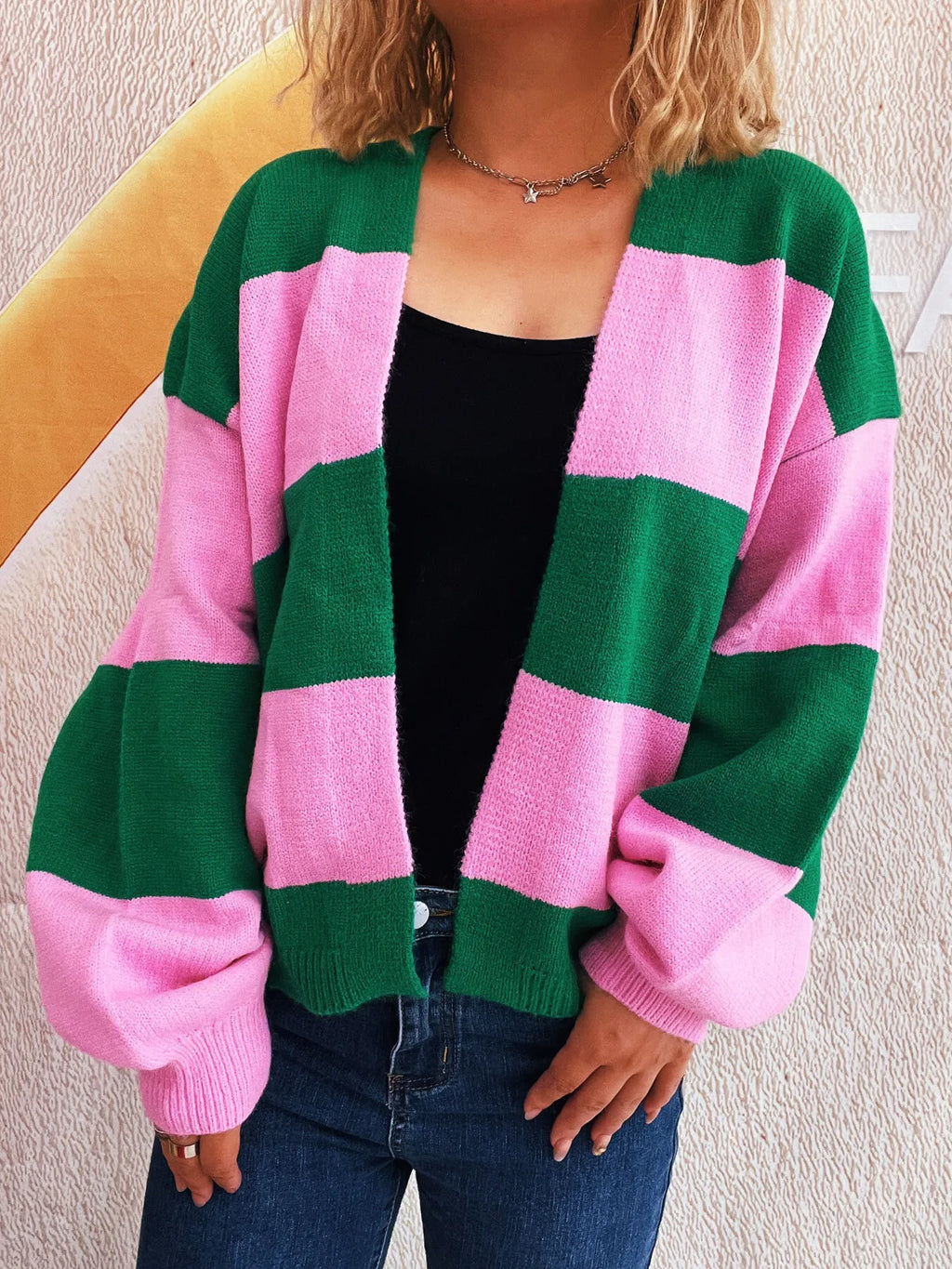 Women Color Block Open Front Cardigan