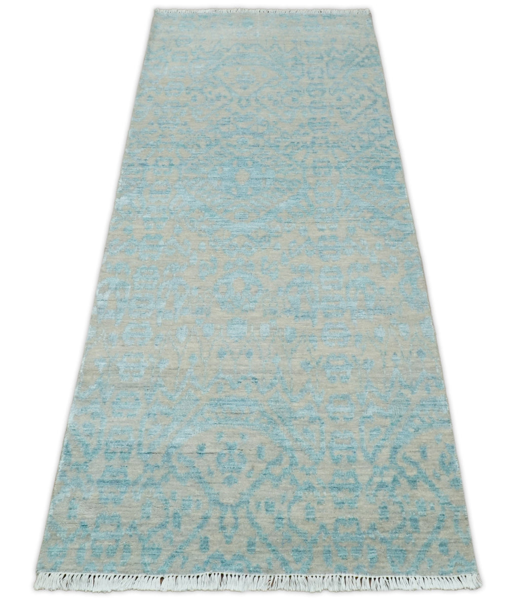 2.6x8 Fine Hand Knotted Camel and Blue Traditional Persian Style Antique Wool and Silk Rug