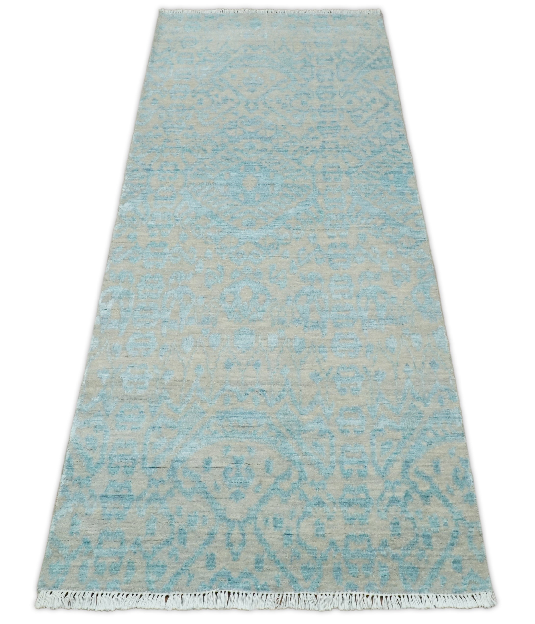 2.6x8 Fine Hand Knotted Camel and Blue Traditional Persian Style Antique Wool and Silk Rug