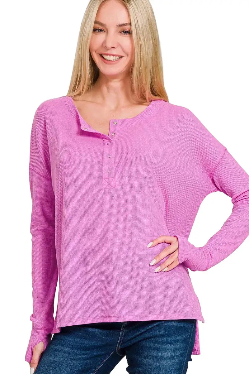 Zenana Waffle Thumb Hole Cuffs Henley Tee