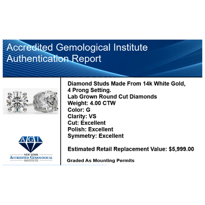 4.00 CTW AGI Certified Lab Grown Diamond Stud Earrings in 14K White or Yellow Gold - G Color VS Clarity