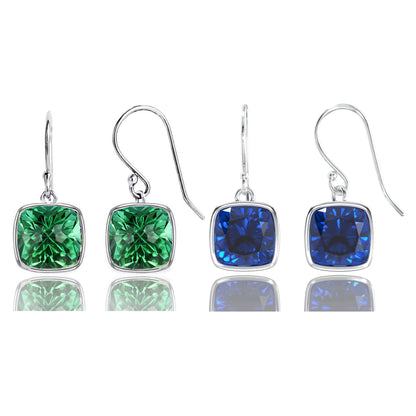 2 Pair Pack: 9.00 CTW Cushion Cut Created Blue Sapphire & Emerald Drop Earrings – Available in .925 Sterling Silver or 14kt Yellow Gold Over .925 – 8mm Square Gems