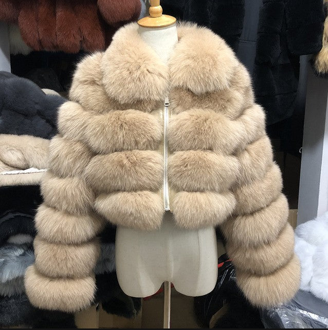 Women's Fur Coat Fox Fur Stitching Short Lapel Long Sleeve Coat