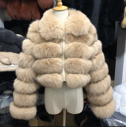 Women's Fur Coat Fox Fur Stitching Short Lapel Long Sleeve Coat