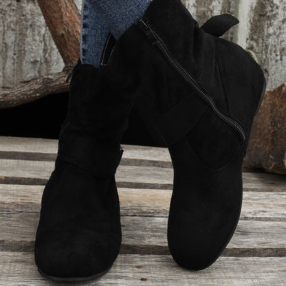 Ankle Boots  Round Toe Buckle Belt Side Zipper Boots