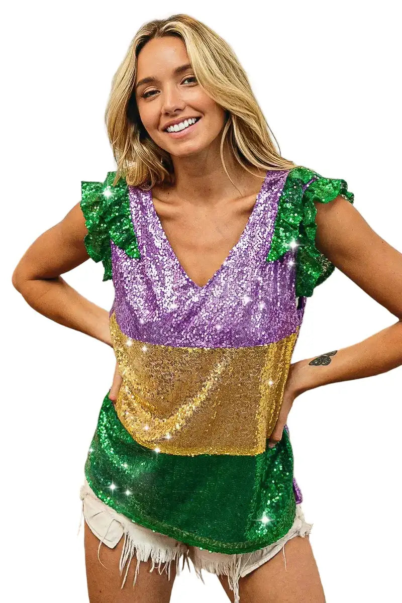 BiBi Mardi Gras Sequin Color Block Ruffled  Top