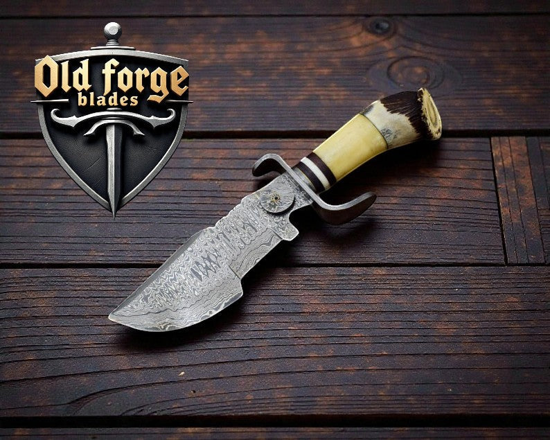 Custom Handmade Forged Damascus Knife – Stag & Bone Handle