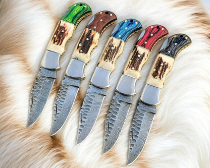 Handmade Damascus Folding Knife | Stag & Exotic Wood