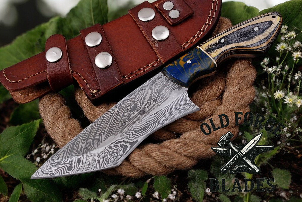 Handmade Damascus Knife with Yellow Blue Resin & Wood