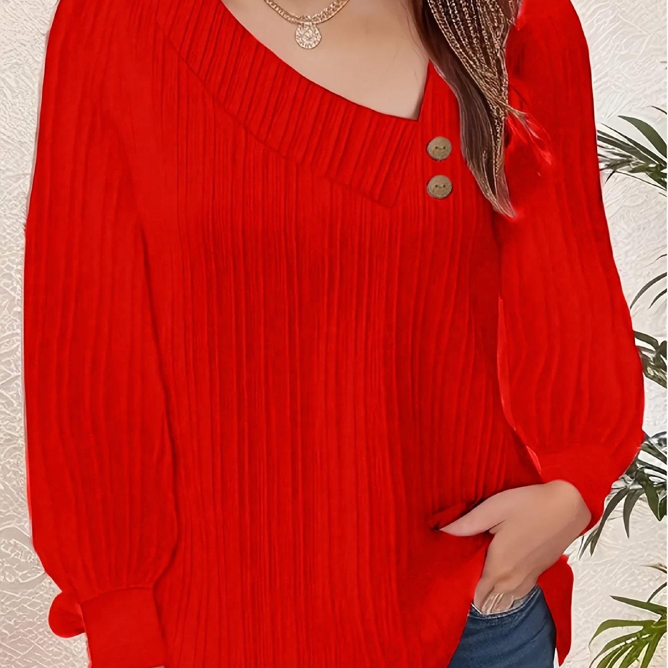 Chic Plus Size V-Neck Blouse Decorative Buttons Glossy  Top