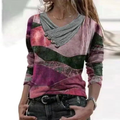 Printed Long-Sleeved V-Neck T-Shirt Top