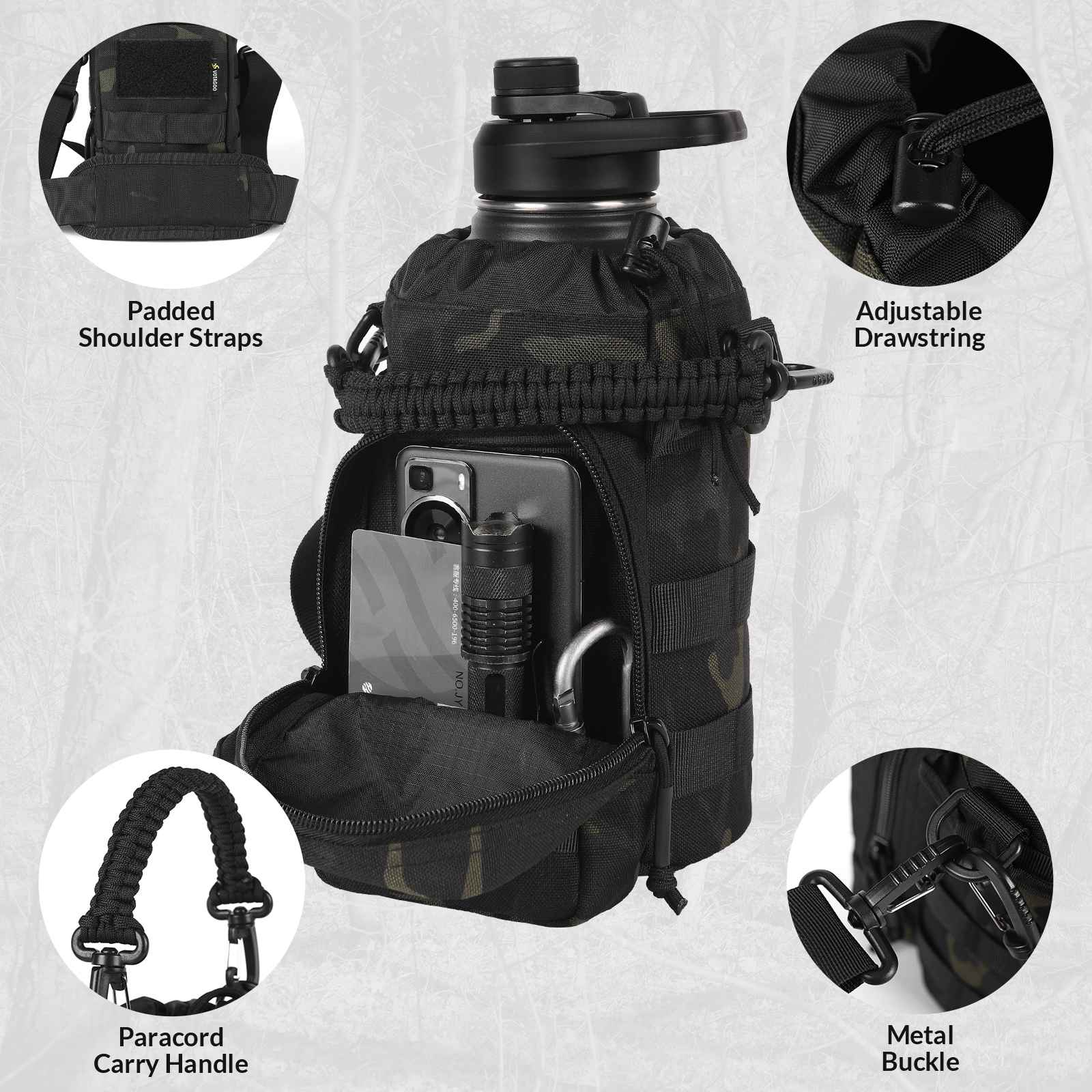 Votagoo 64Oz Half Gallon Stainless Steel Insulated Tactical Water Bottle with Metal Military Water Bottle Tactical Carrier Bag