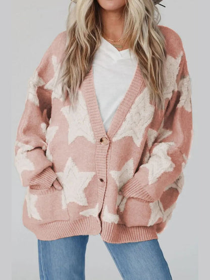 Women Star Button Up Long Sleeve Cardigan