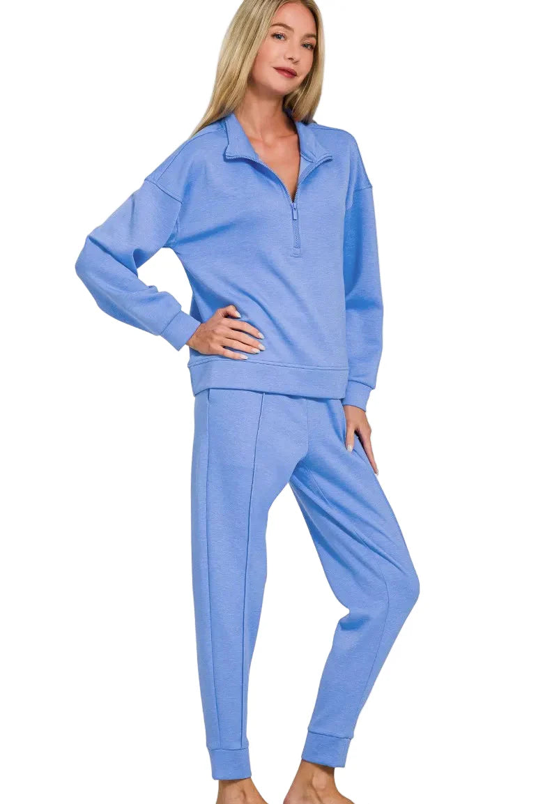 Zenana Scuba Half Zip Pullover and Jogger Set