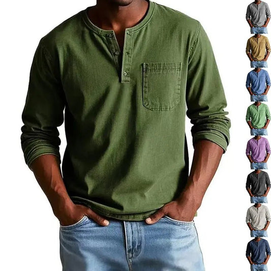 Men's V-neck Long-sleeved Pullover Top with Button Design