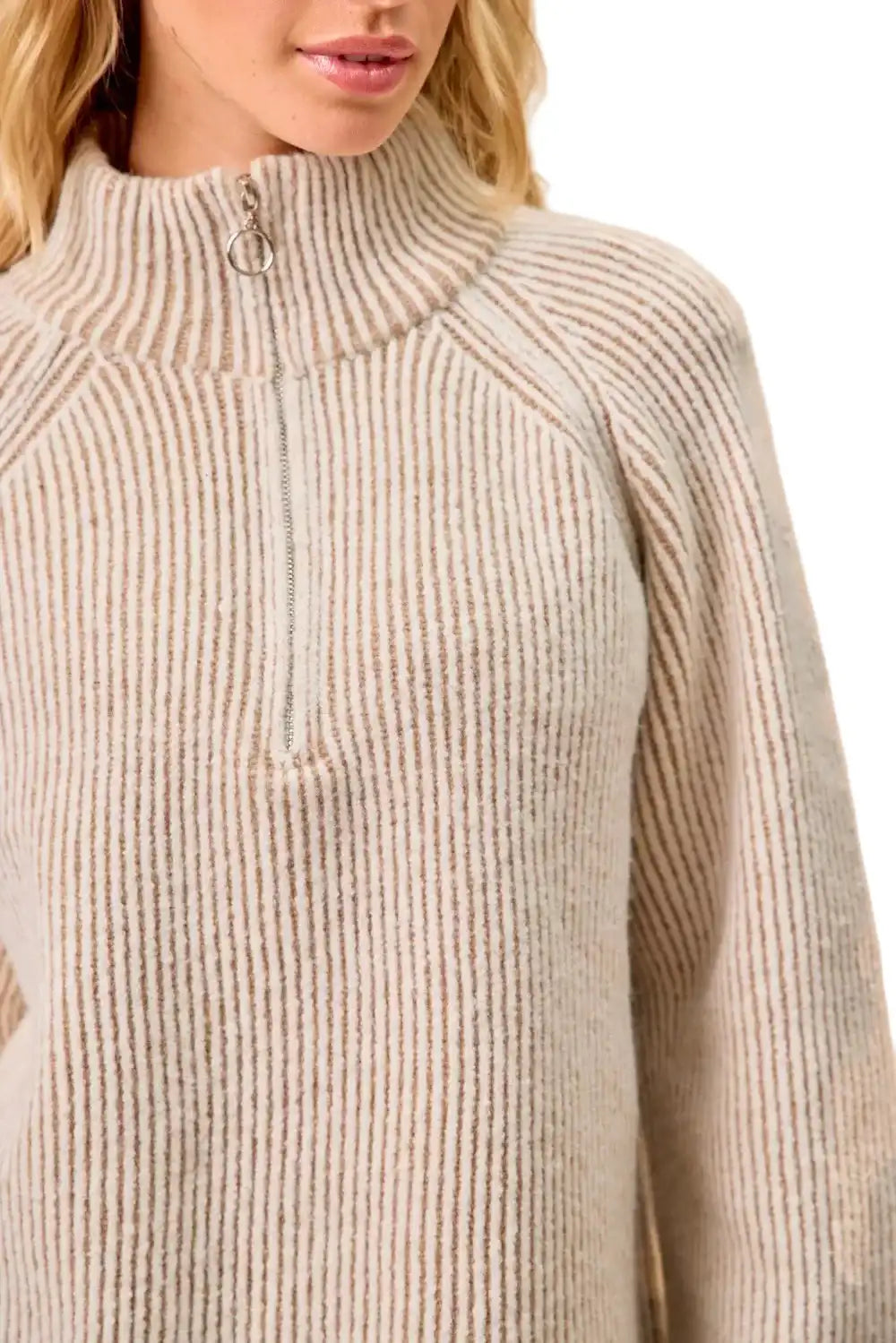 BiBi Two Tone Rib Texured Knit Collared Top with Zip Up