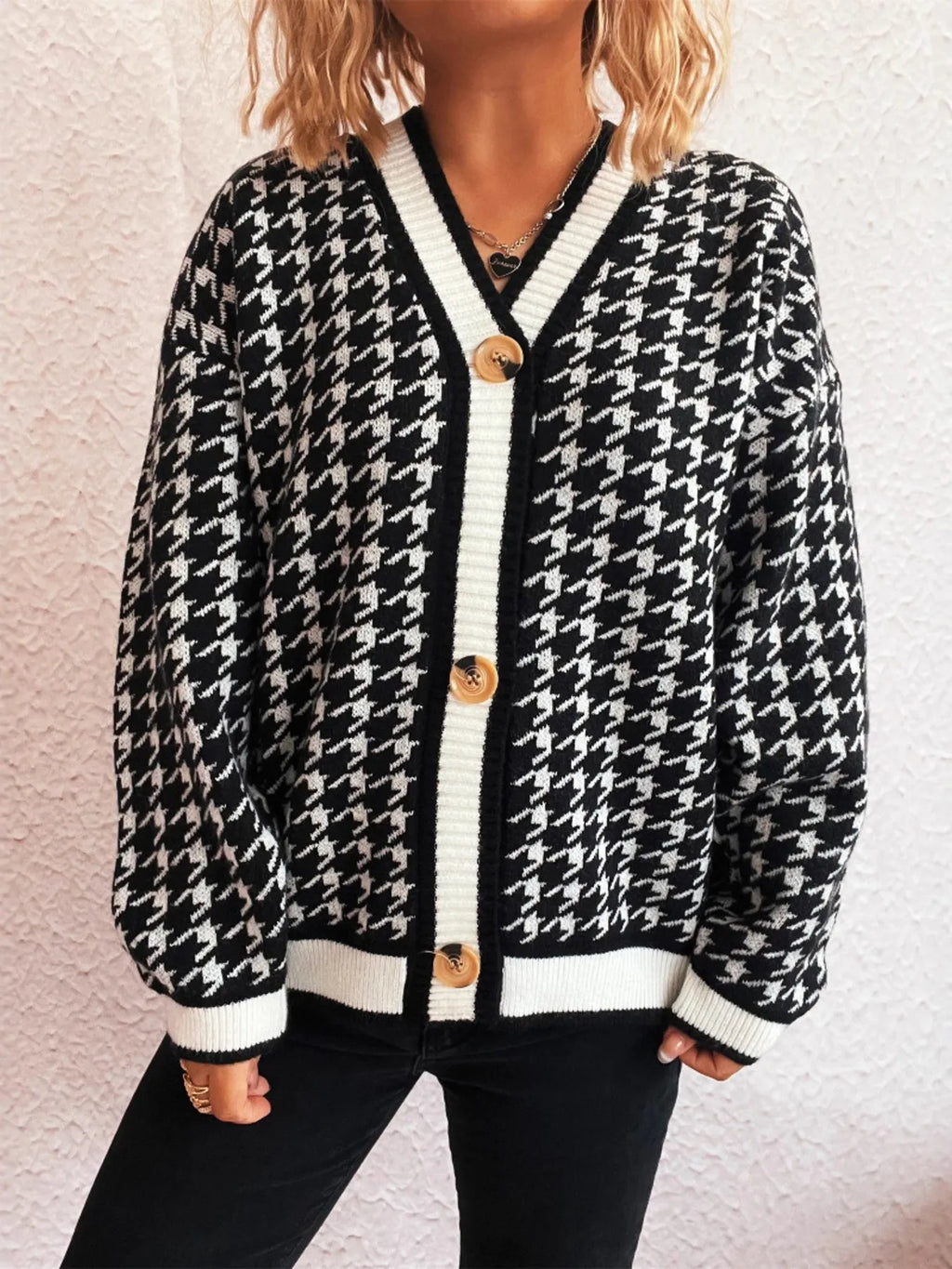 Women Houndstooth Pattern V-Neck Button-Up Cardigan Sweater