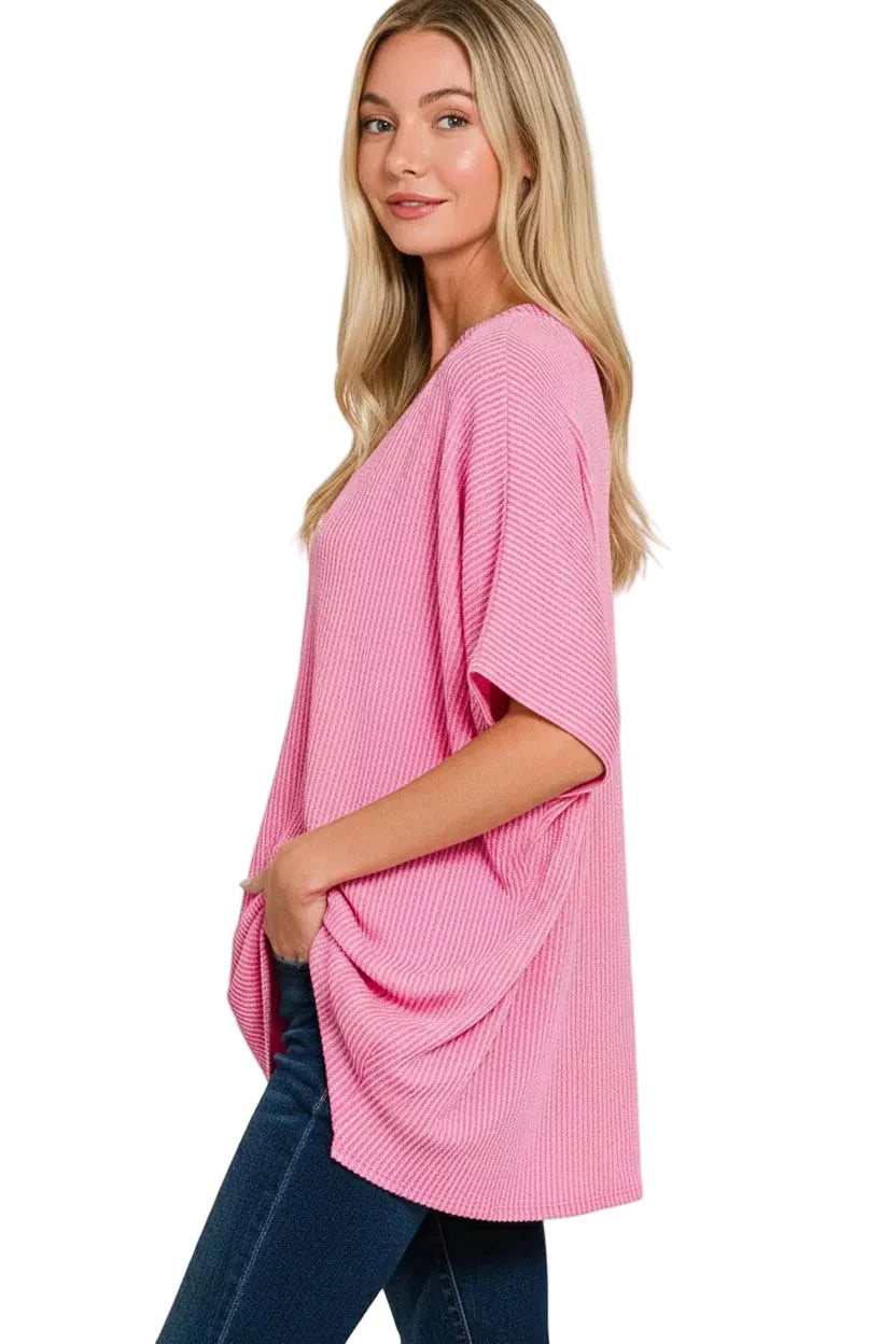 Zenana Raised Rib V-Neck Batwing Top
