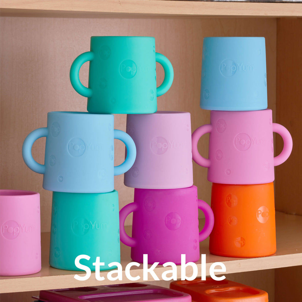 PopYum Silicone Training Cup 2-Pack for Baby and Toddler, handles, BPA Free, self feeding training, tumbler (sky blue and mint green)