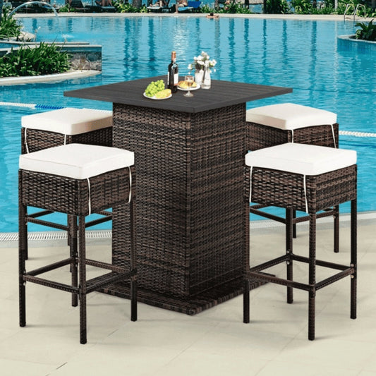 5-Piece Patio Rattan Bar Table Stool Set With Hidden Storage Shelf & Cushions (SAK14645)