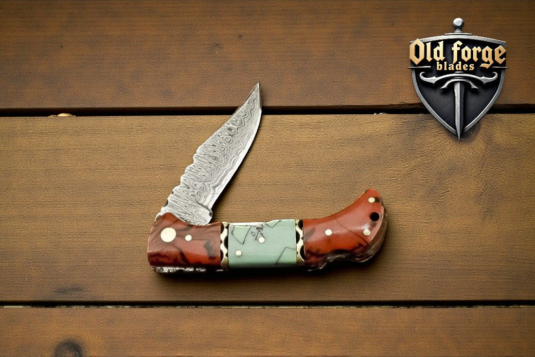 Premium Damascus Steel Pocket Knife – Epoxy Resin Handle Back Lock