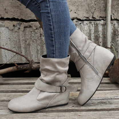 Ankle Boots  Round Toe Buckle Belt Side Zipper Boots