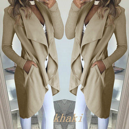 Women's Plus Size Solid Color Polo Collar Slim Fit Long Trench Coat