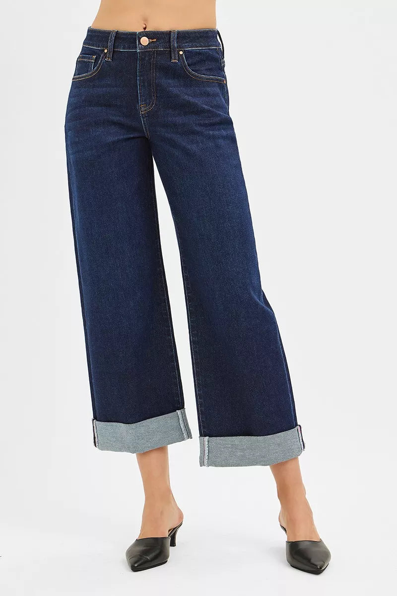 RISEN Mid Rise Fit Ankle Wide Roll Up Jeans