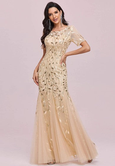 Tulle Sequins Floor-length Mermaid Short Sleeve Vintage Modest Dress with Pleats