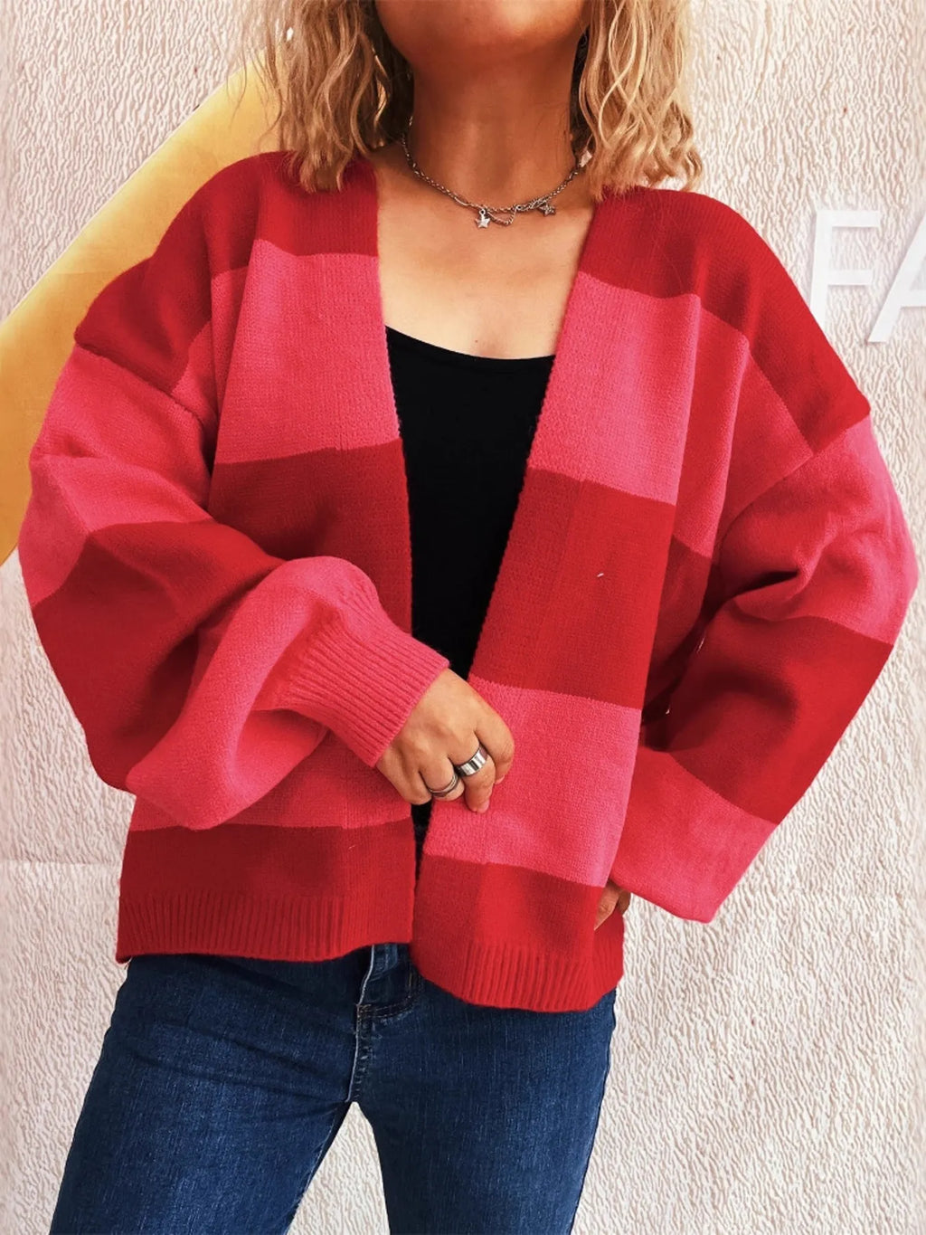 Women Color Block Open Front Cardigan