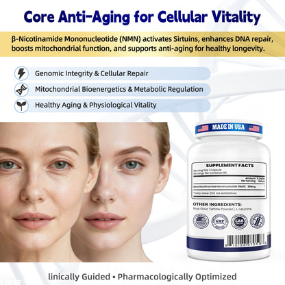 NMN 500mg – 99.9% Pure NMN Supplement, Boost NAD+ Levels, Cellular Energy & Healthy Aging Support, 60 Capsules, Third-Party Tested, NSF cGMP, Made in USA