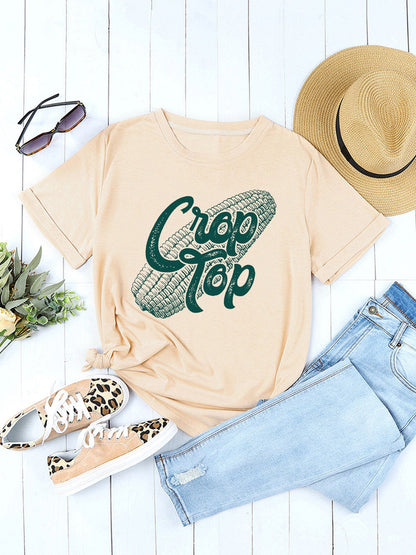 Women Corn Letter Graphic Cuffed Tee Shirt