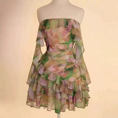 Chiffon Printed Ruffles Tube Dress