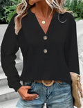 Women's Fashion Casual Solid Color Buttons V-neck Long Sleeve