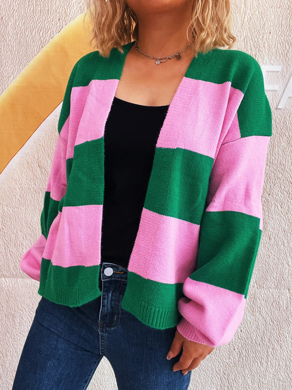 Women Color Block Open Front Cardigan
