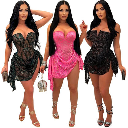 European And American Sexy V-neck Tube Top See-through Sequins Dress Women