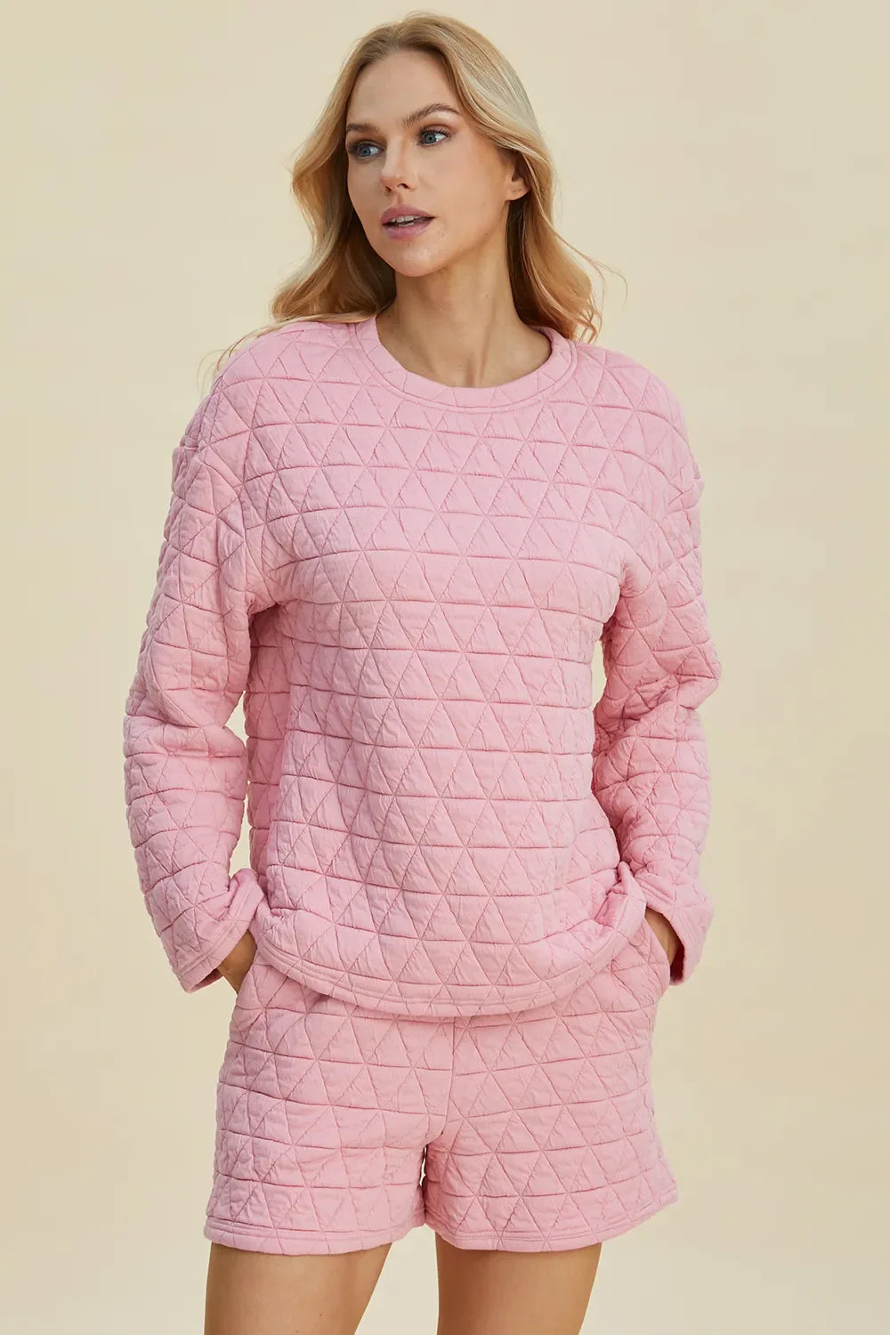 Double Take Full Size Texture Round Neck Long Sleeve Top and Shorts Set