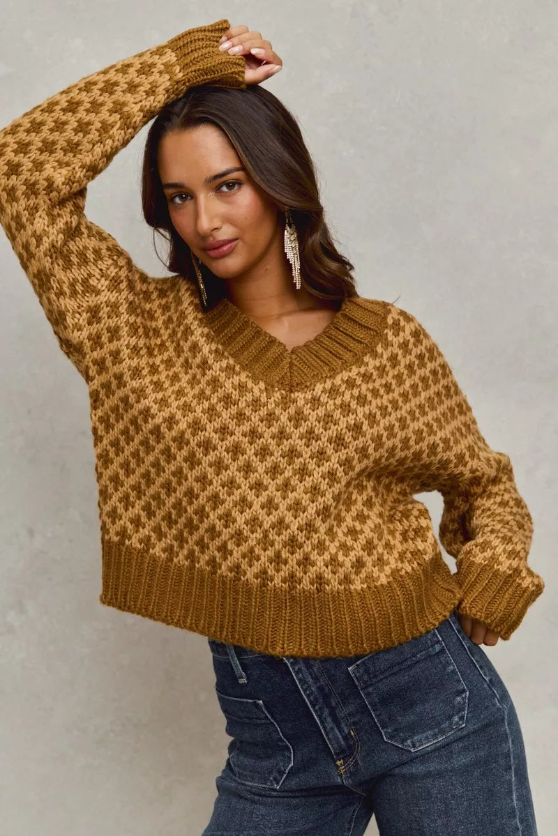 SO ME Color Block Textured Christmas Sweater V Neck Top