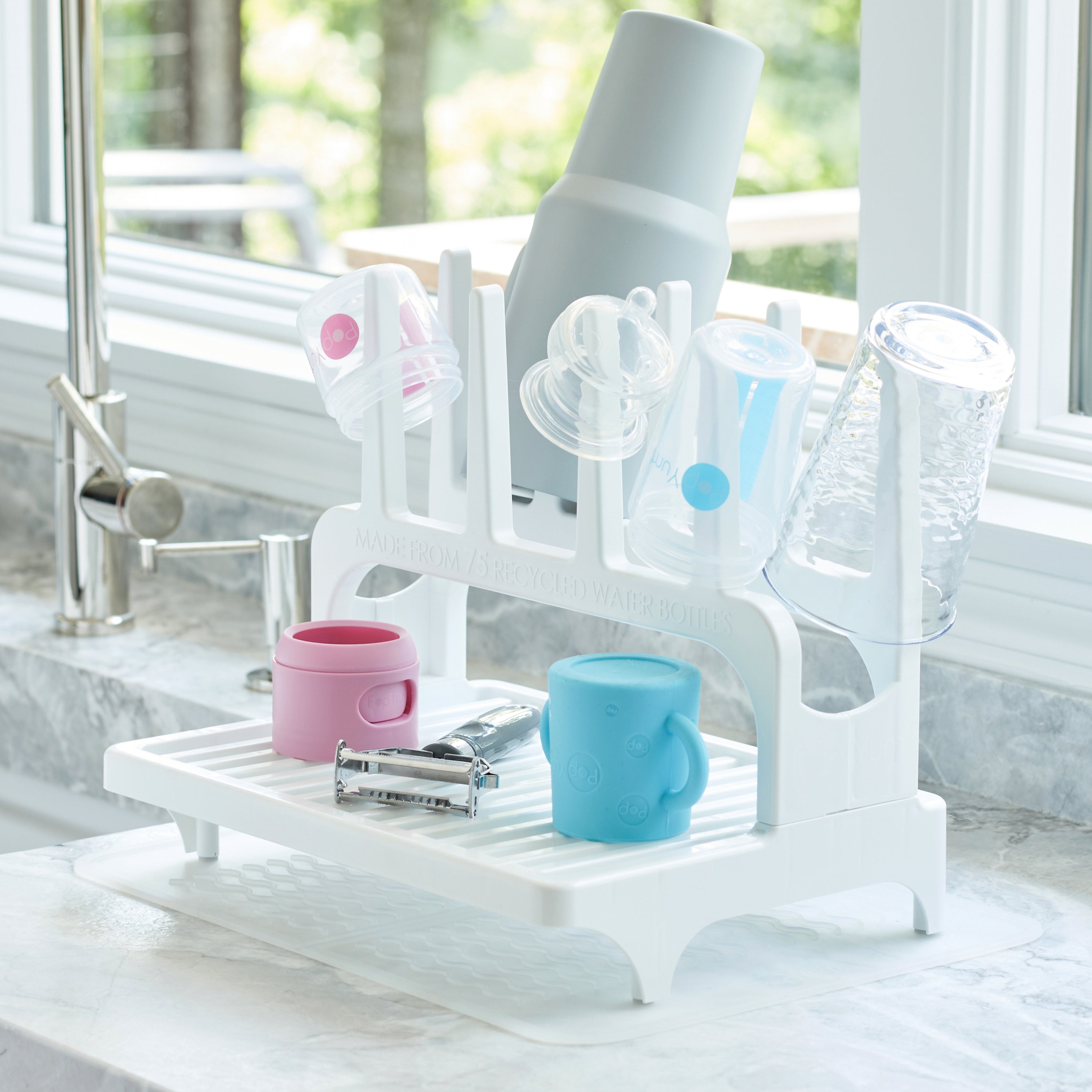 PopYum Blue Baby Bottle 4-Pack Set with White Drying Rack & Clear Drying Mat Bundle
