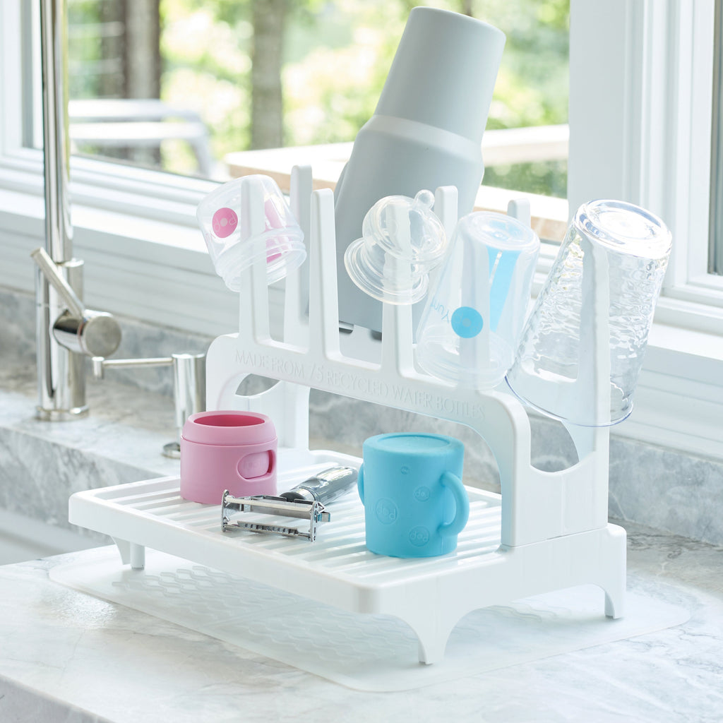 PopYum 9 oz Blue Formula Making Baby Bottle 3-Pk with White Drying Rack & Clear Drying Mat Bundle
