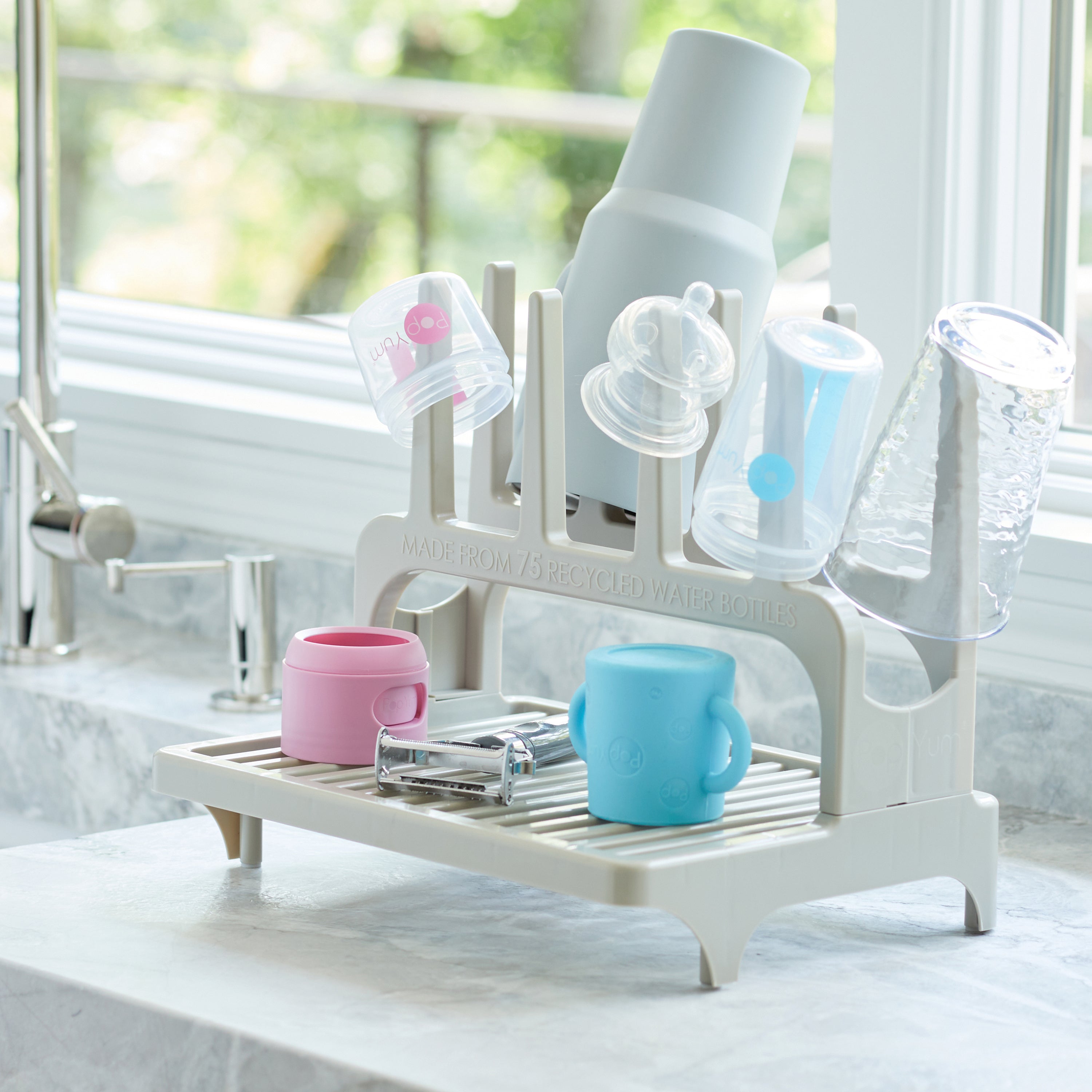 PopYum 9 oz Orange Formula Making Baby Bottle 3-Pack with Gray Drying Rack Bundle