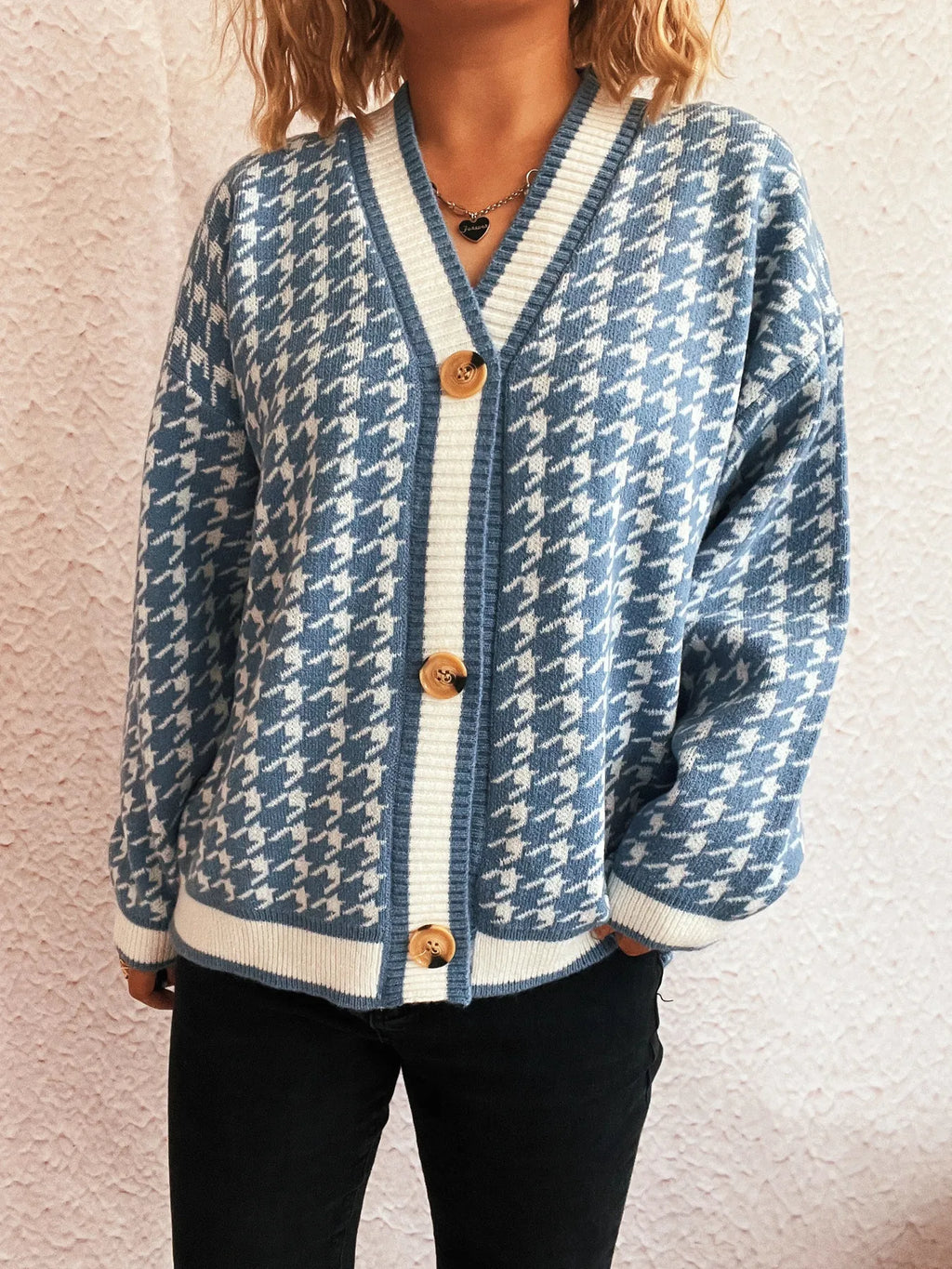 Women Houndstooth Pattern V-Neck Button-Up Cardigan Sweater