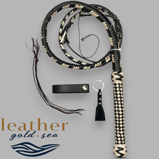 Handmade Cowboy Whips – Genuine Leather Black & Beige Bullwhip