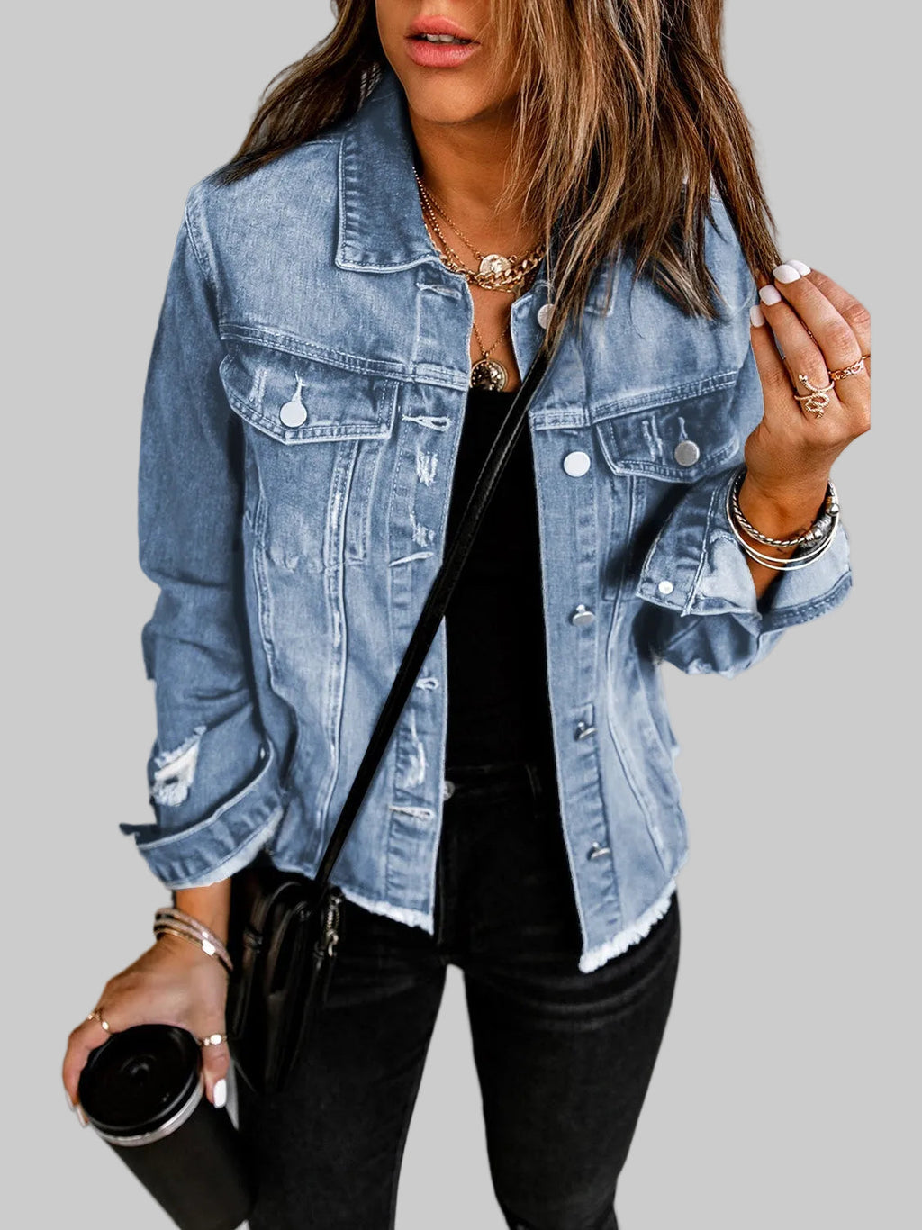 Distressed Raw Hem Denim Jacket