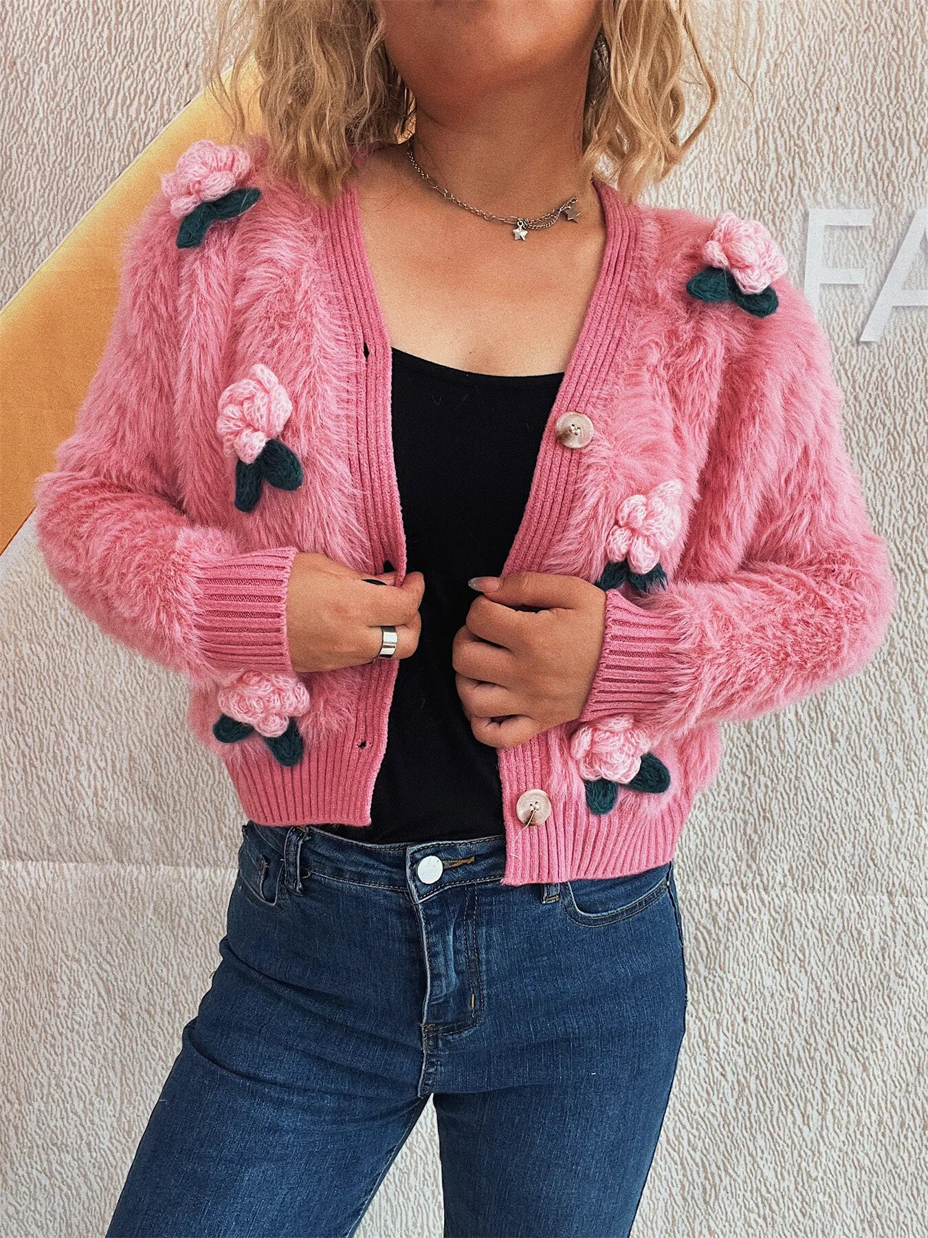 Women Flower Fuzzy Button-Up Cardigan