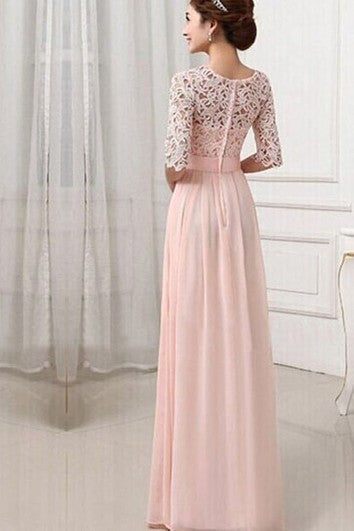 Scoop Long Bridesmaid Gown With Lace Bodice and Belt