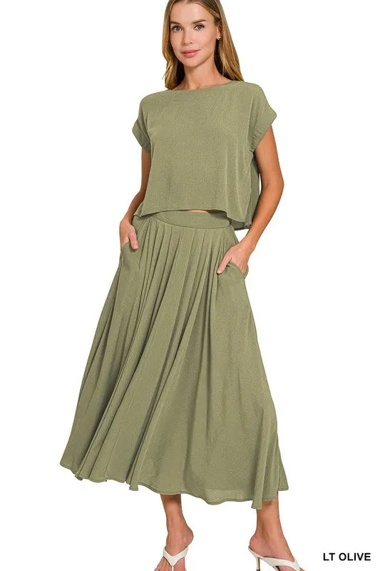 Zenana Woven Crinkle Gauze Crop Tee and Skirt Set