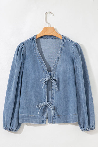 Oakley Tied Front Long Puff Sleeve Denim Top