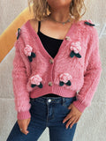 Women Flower Fuzzy Button-Up Cardigan