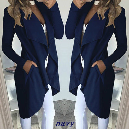 Women's Plus Size Solid Color Polo Collar Slim Fit Long Trench Coat